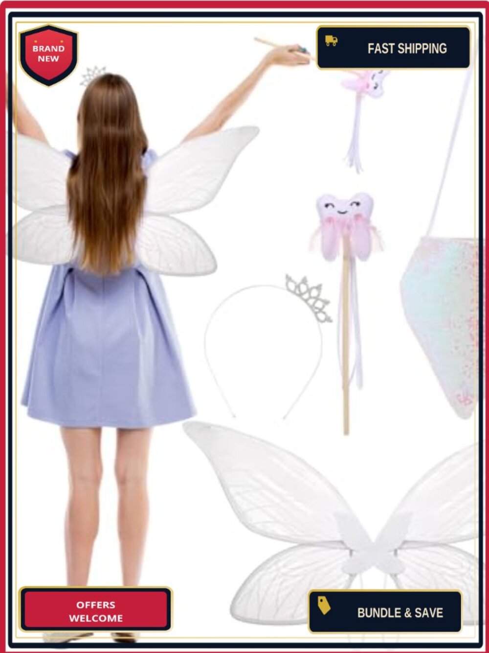 4 Pc Fairy Costume Set Organza Wings Wand Crown Bag Halloween Cosplay